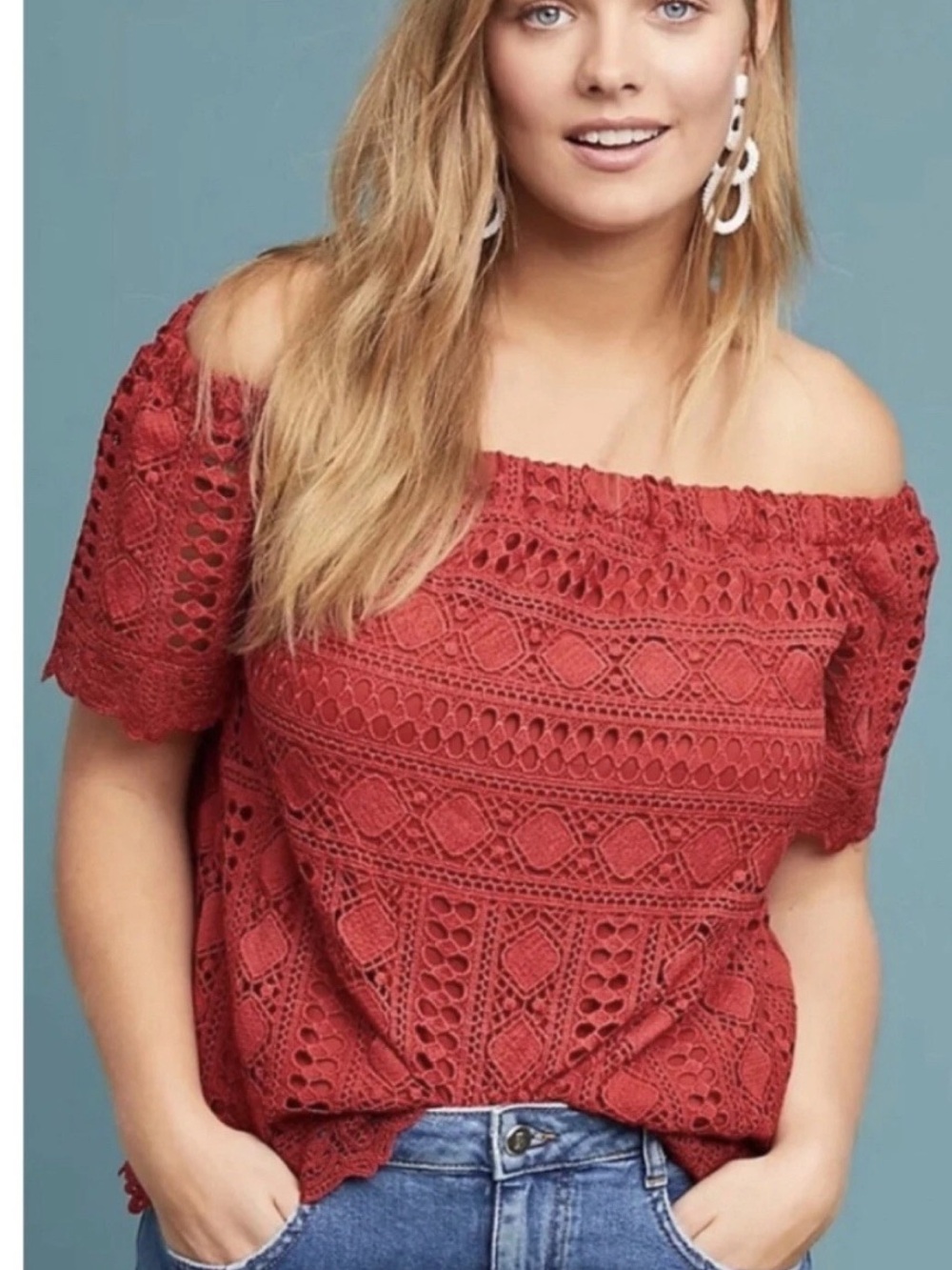 Sunday in Brooklyn Anthro Evie Off Shoulder Crochet Lace Dark Rust Top - Picture 2 of 10